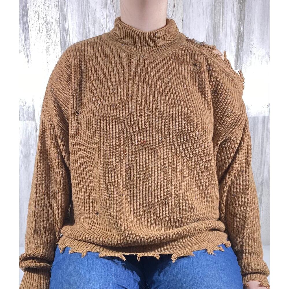 Zenana Sweater Size Medium Brown Color Flecks Open Shoulder Distressed Oversized